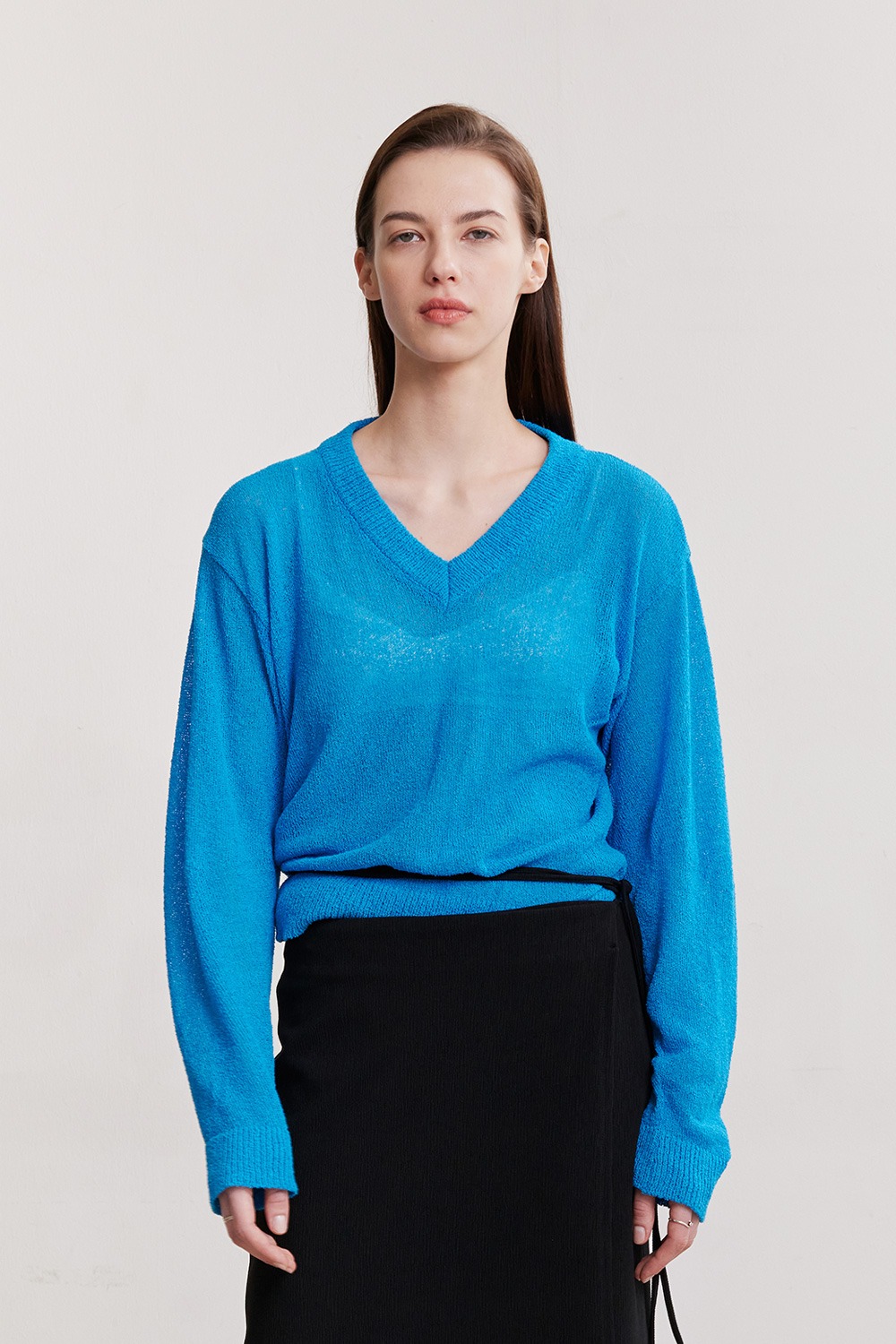 SEE-THROUGH V-NECK KNIT TOP (BLUE)