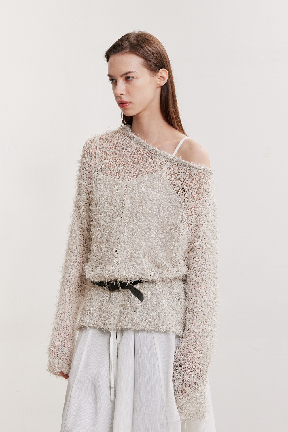 [2ND] HAIRY ONE SHOULDER KNIT TOP (BEIGE)